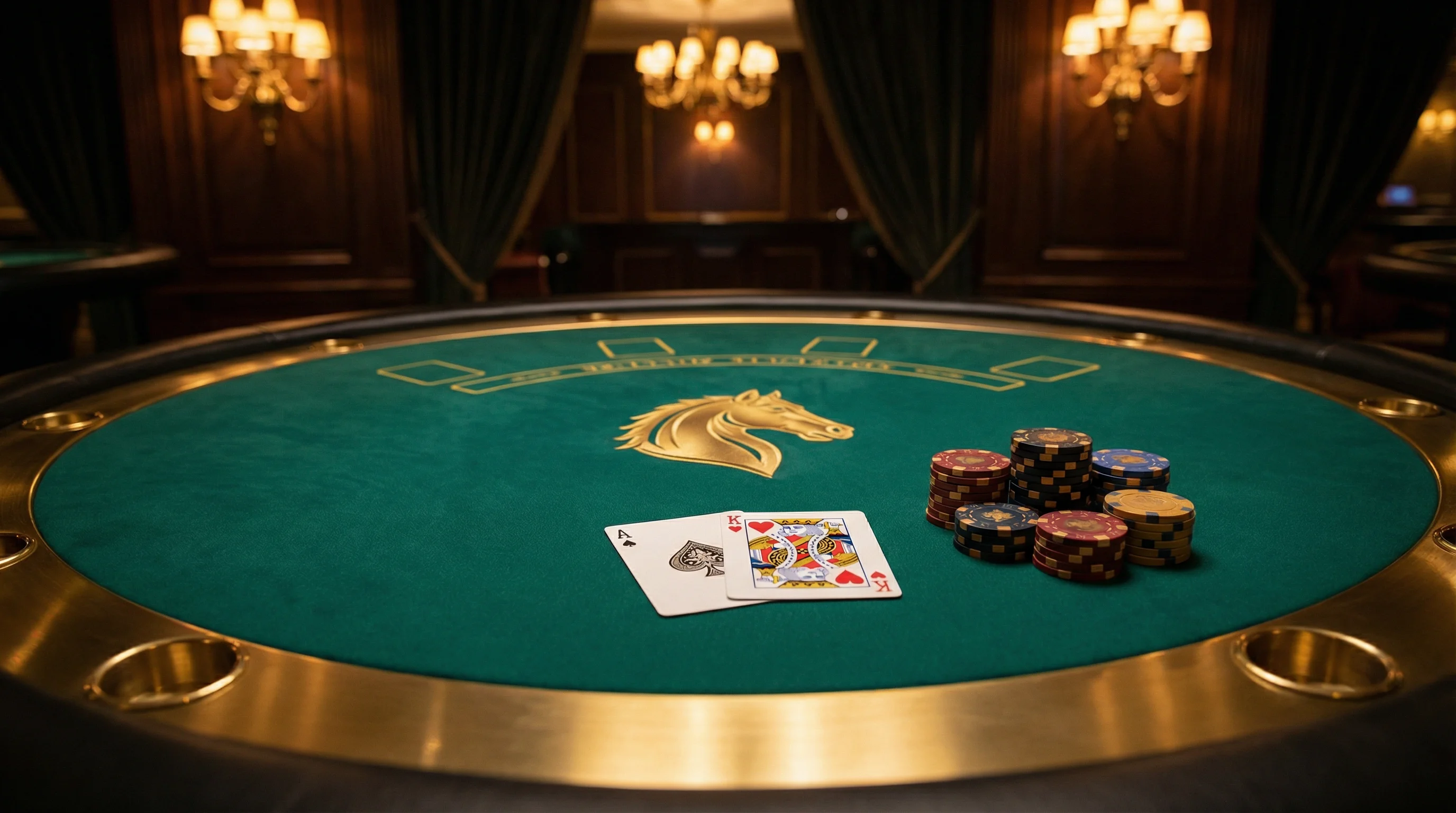 Mesa de blackjack elegante com cartas e fichas no lottubet
